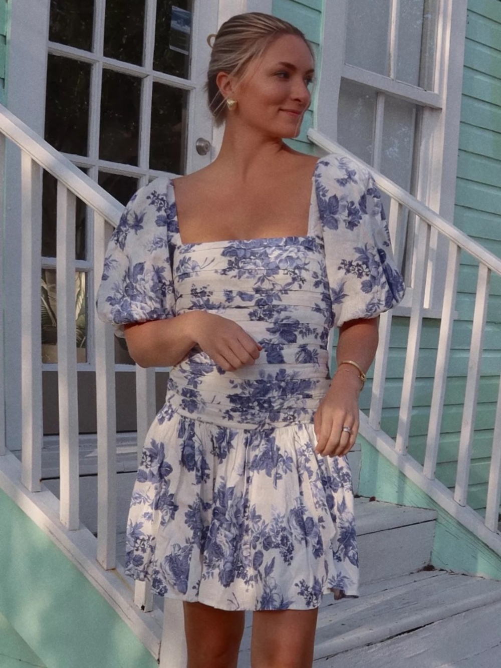 Abercrombie & Fitch Blue Floral Puff Sleeve Dress